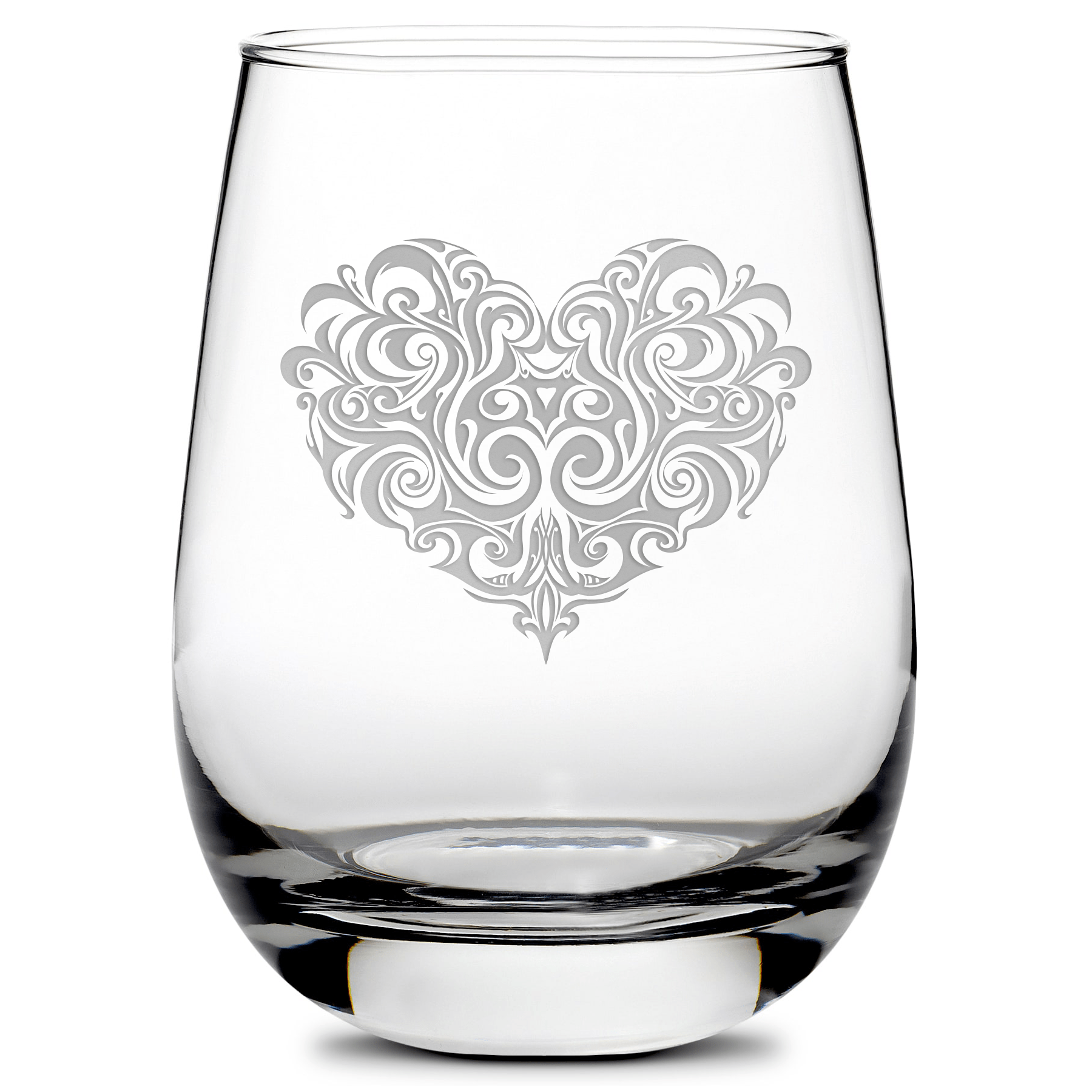 Stemless Wine Glass, Tribal Heart Design, Hand Etched, 16oz by Integrity Bottles