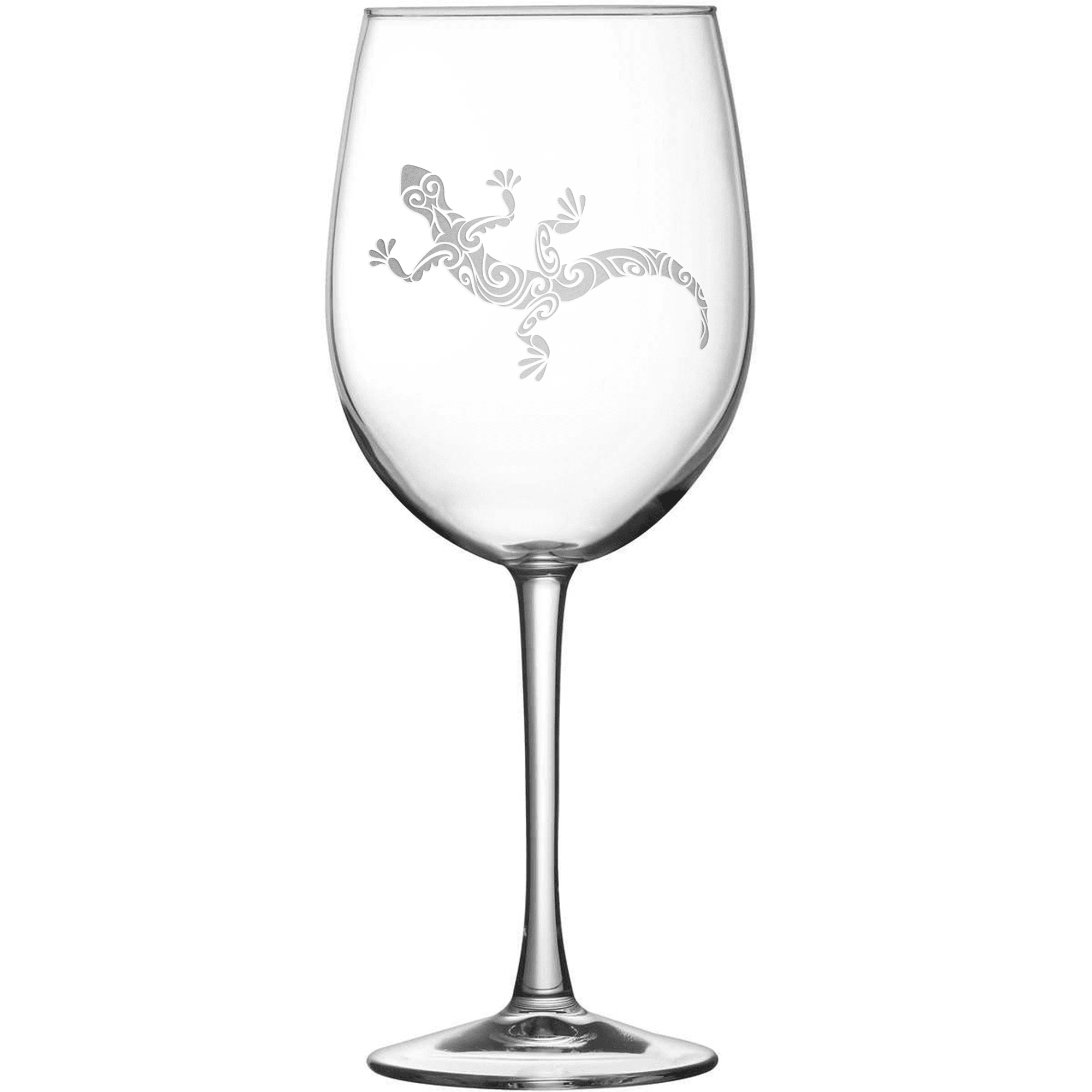 Tulip Wine Glass with Gecko Design, Hand Etched by Integrity Bottles