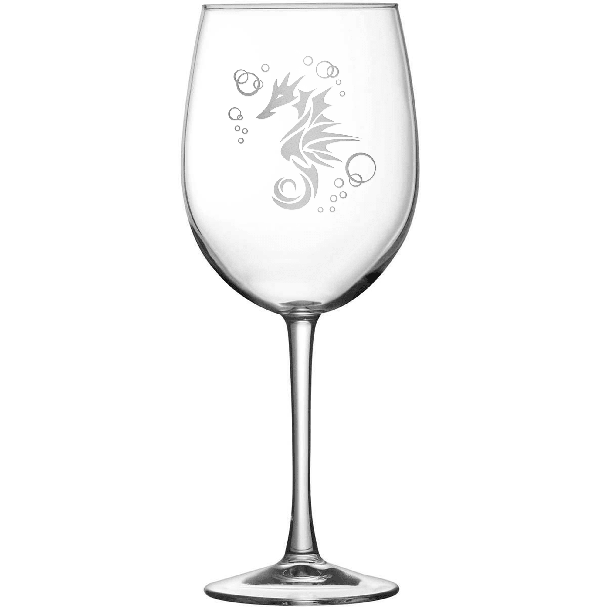 Tulip Wine Glass with Seahorse Design, Hand Etched by Integrity Bottles