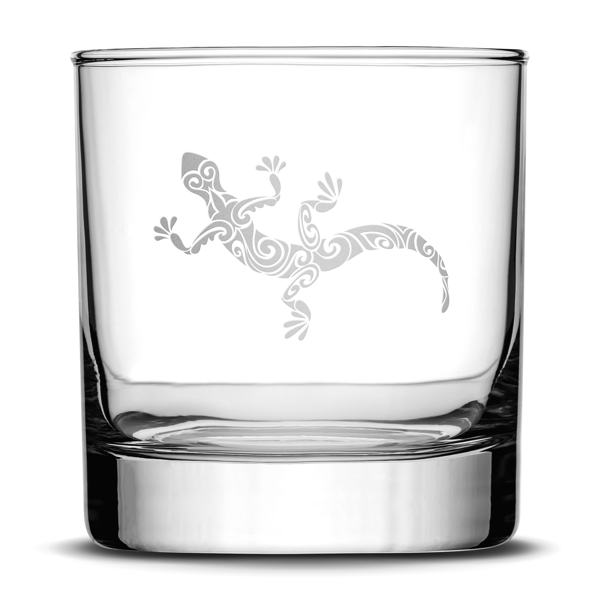 Whiskey Glass with Gecko Design, Deep Etched by Integrity Bottles