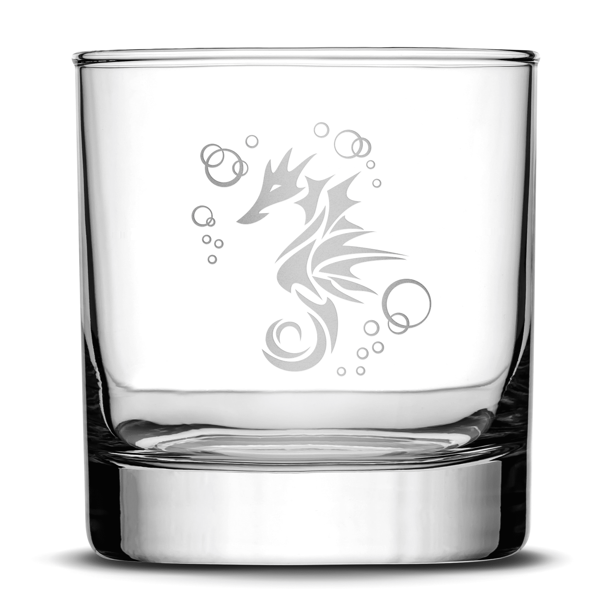 Whiskey Glass with Seahorse Design, Deep Etched by Integrity Bottles