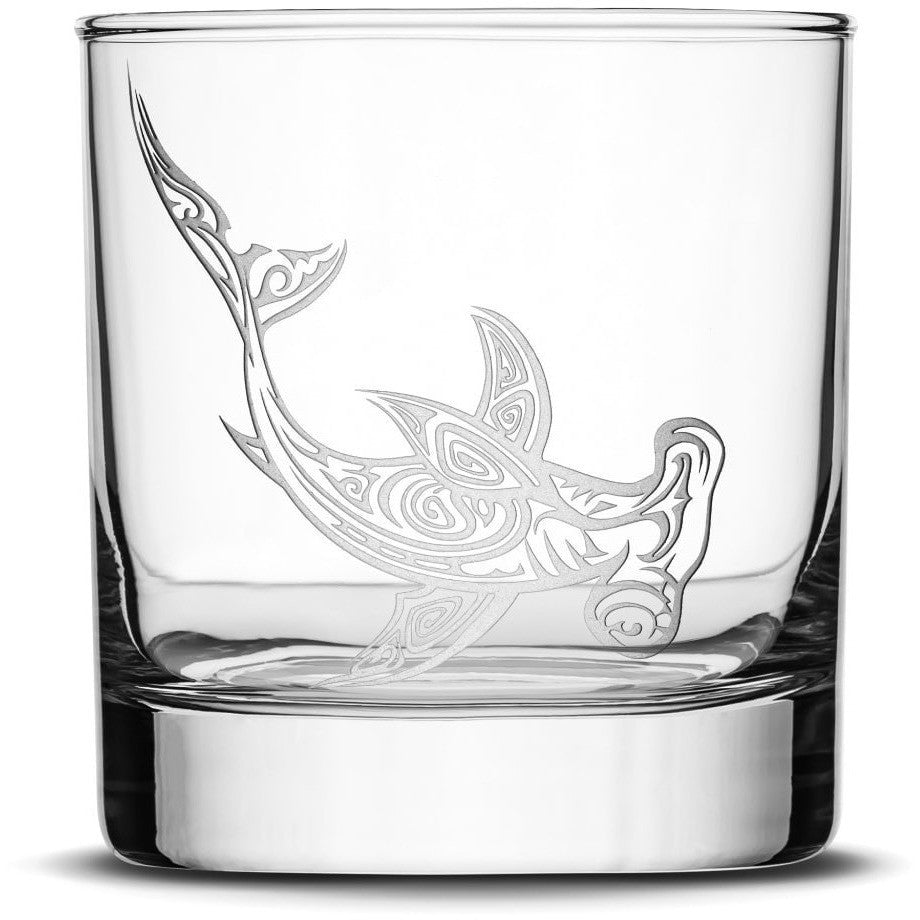 Whiskey Glass with Tribal Hammerhead Shark, Deep Etched by Integrity Bottles